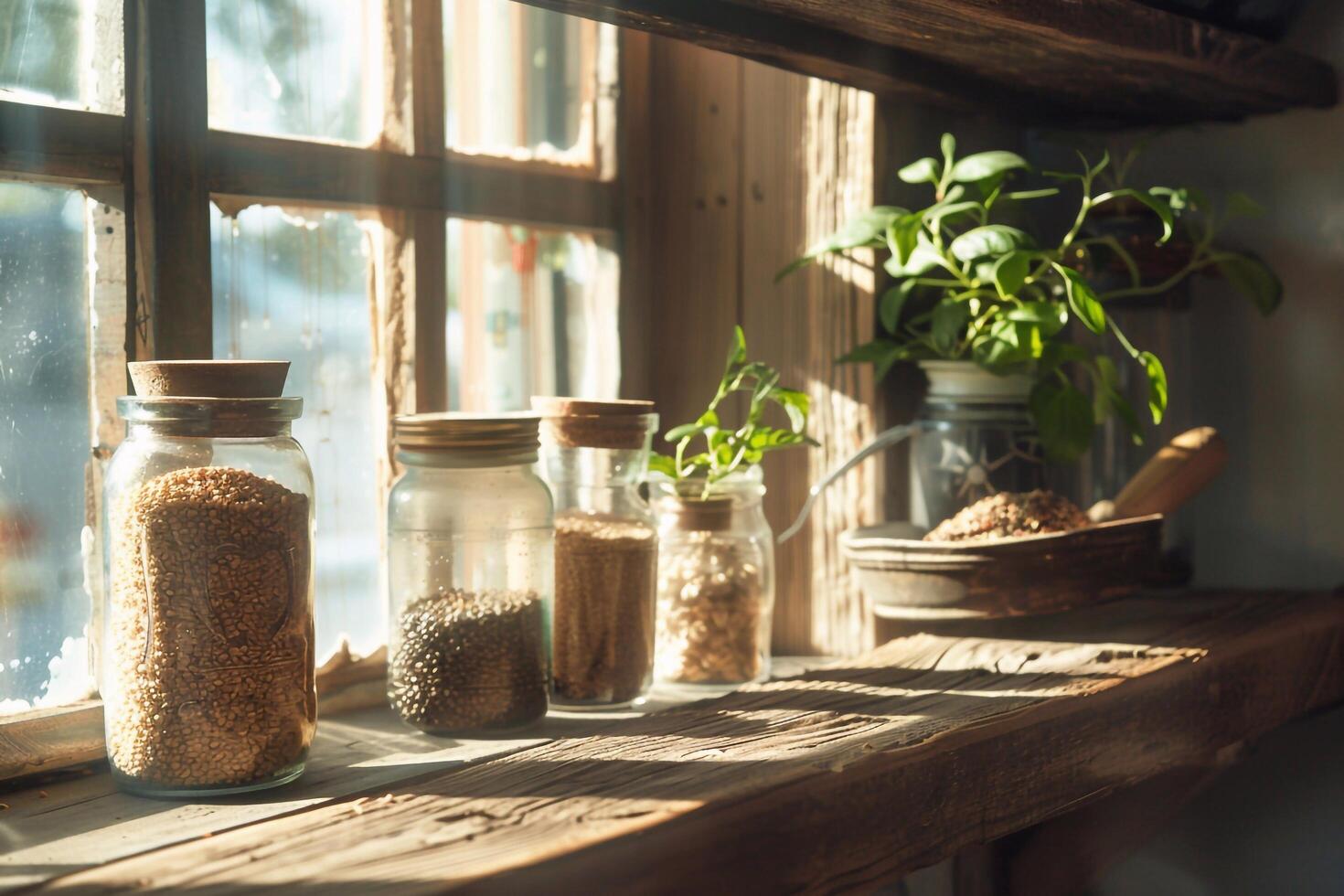A window sill with jars of spices and herbs photo