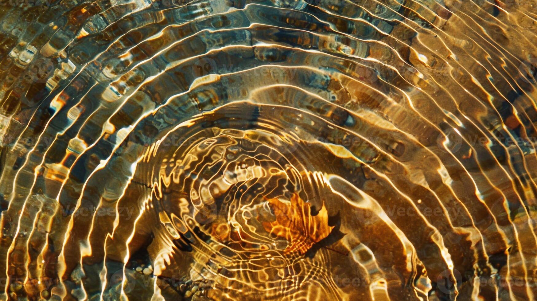 Abstract Water Ripples with Autumn Leaf and Golden Sunlight Reflections photo