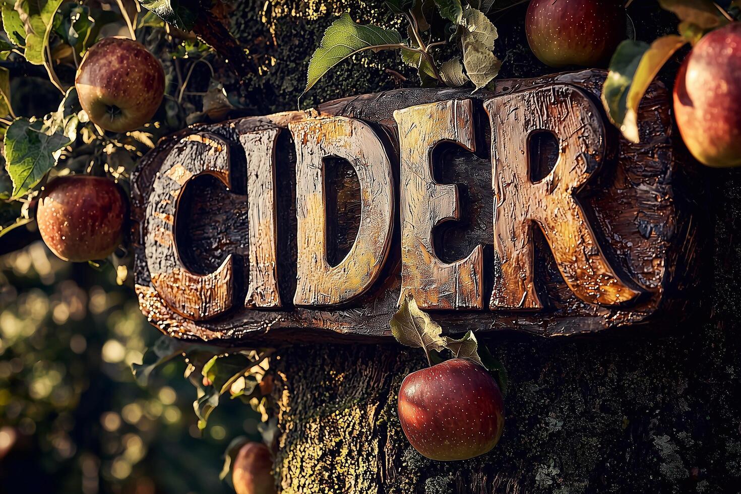 A sign that says cider on a tree photo
