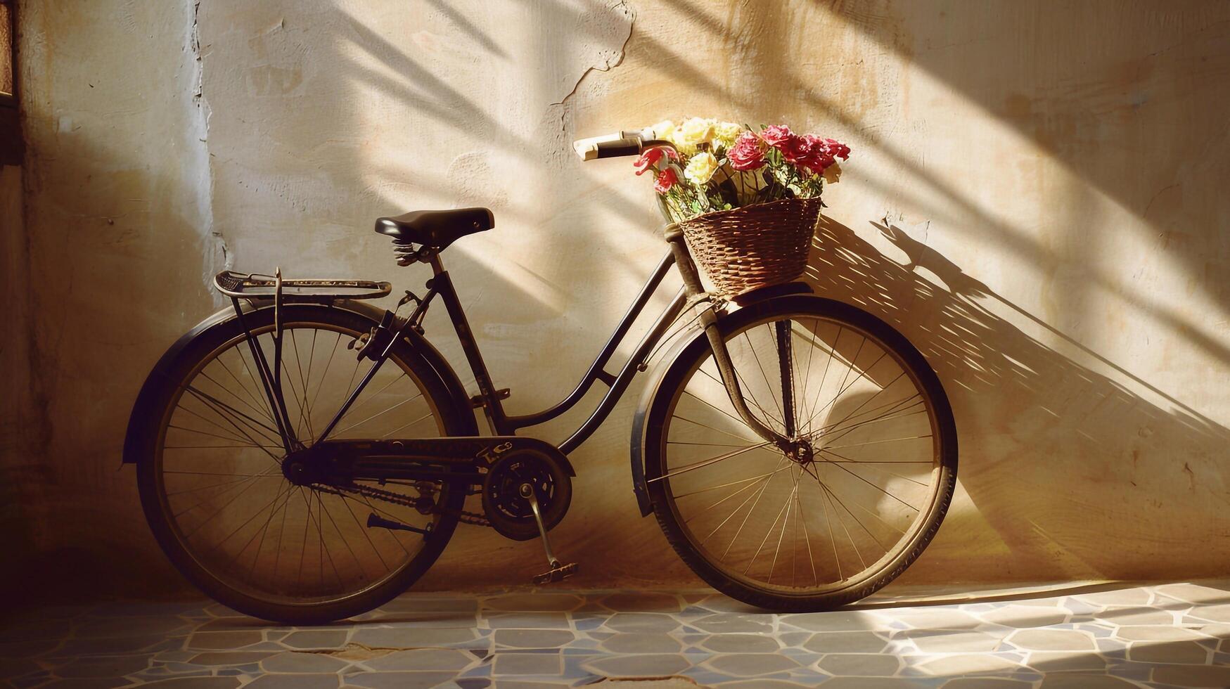 A bicycle with a basket of flowers photo