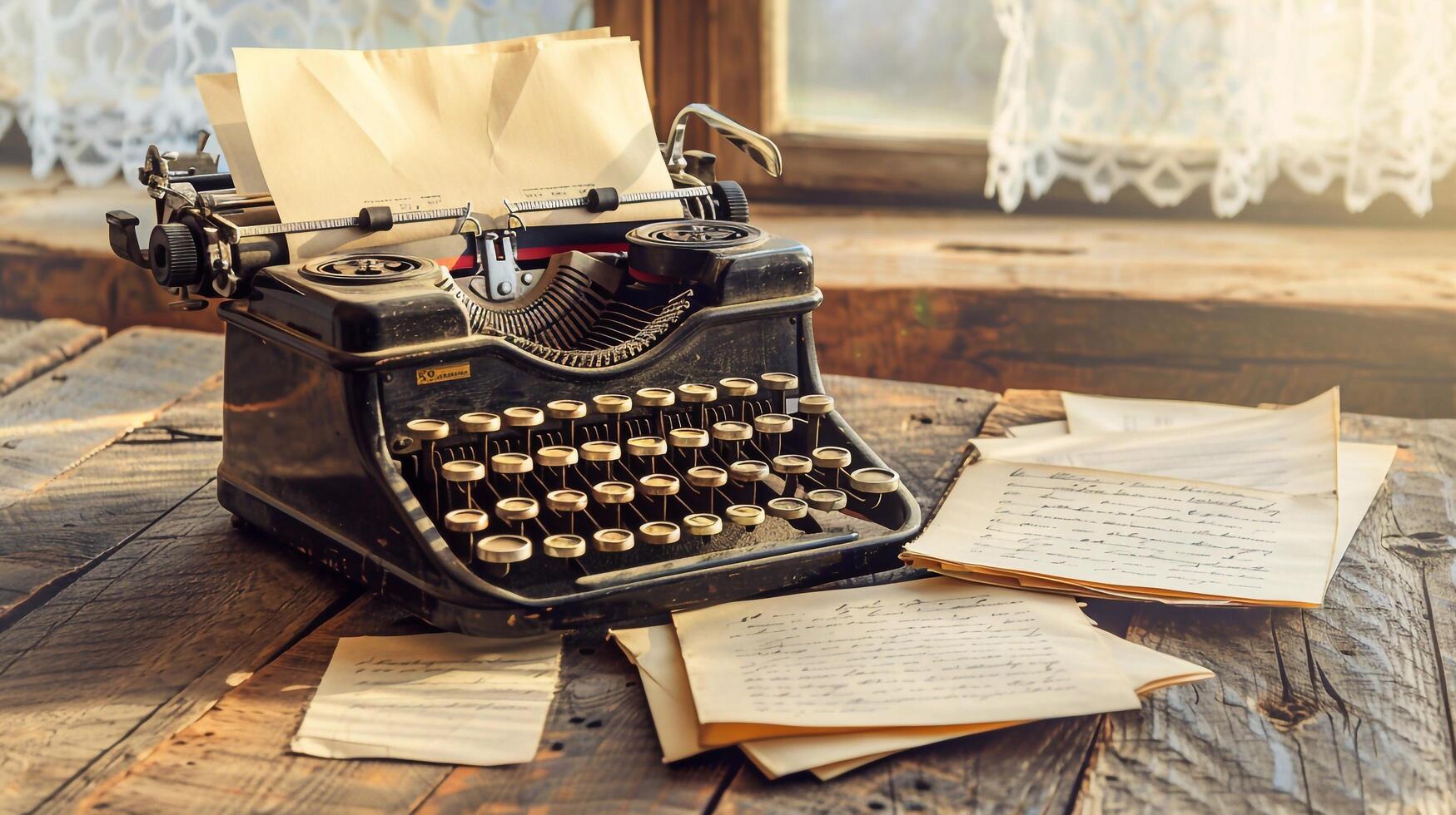 An old typewriter sits on a wooden table with papers and a note photo
