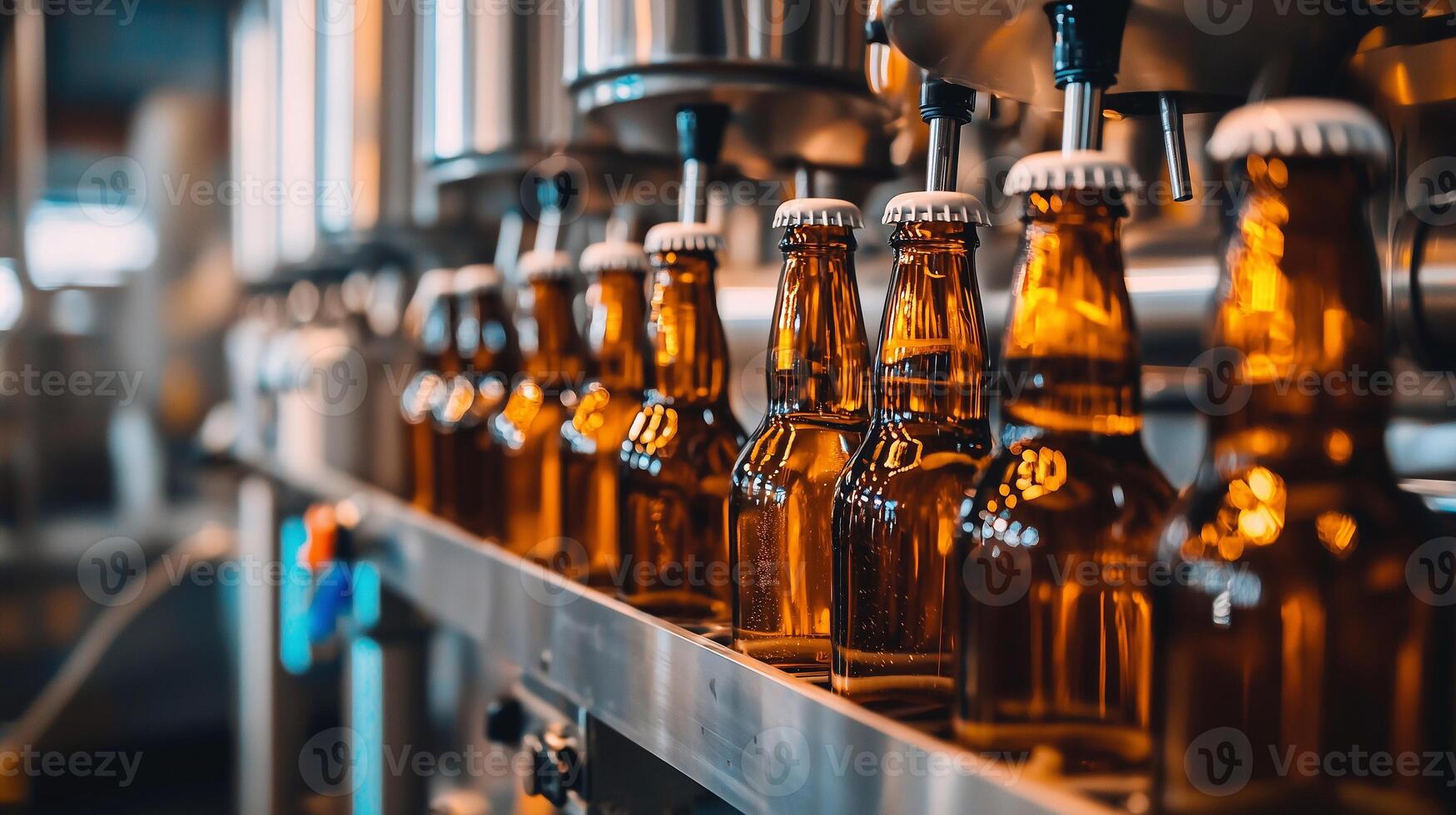 A line of beer bottles on a conveyor belt photo