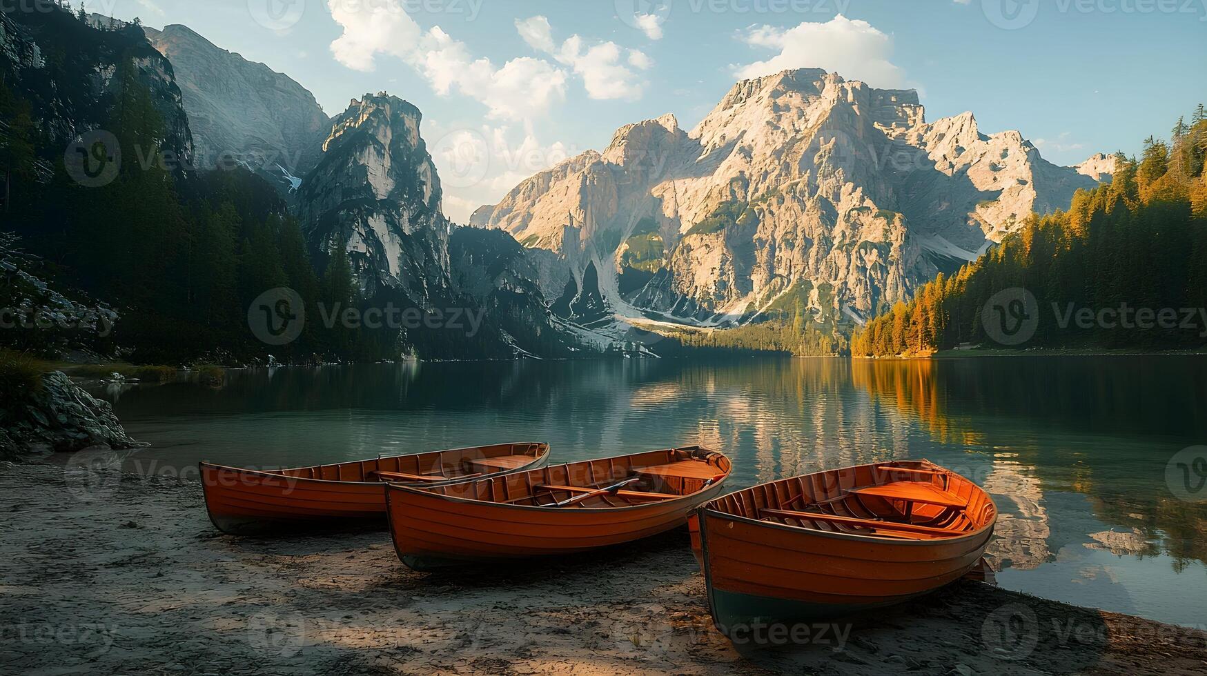 Three boats are docked on the shore of a lake photo