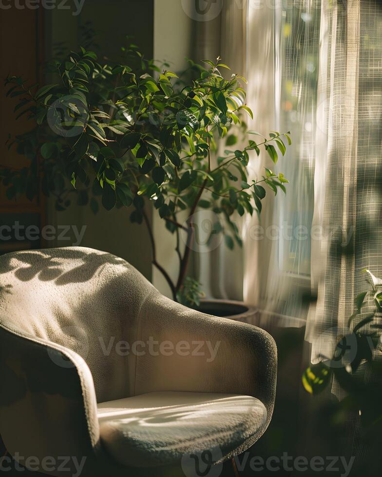 A chair sitting in front of a window with a plant in the background photo