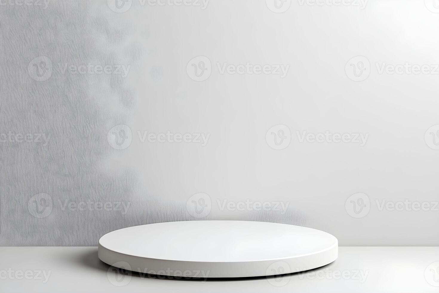 A white round table with a white surface in front of a wall photo