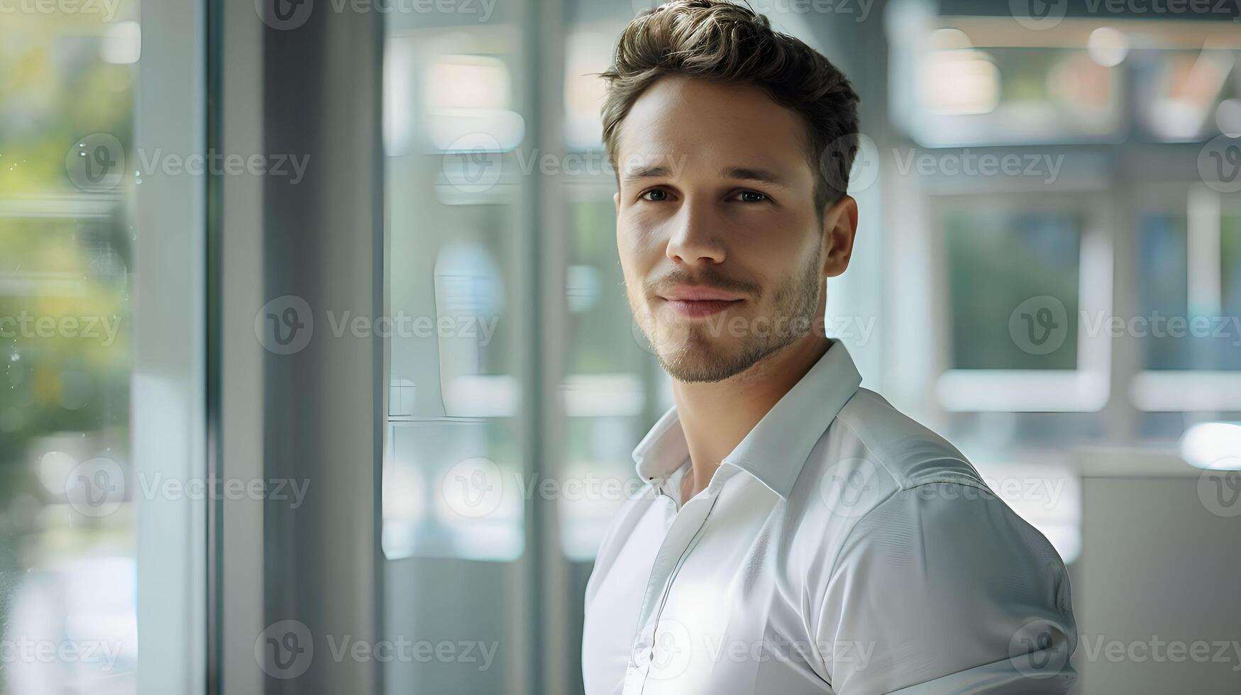 A man in a white shirt standing in front of a window photo