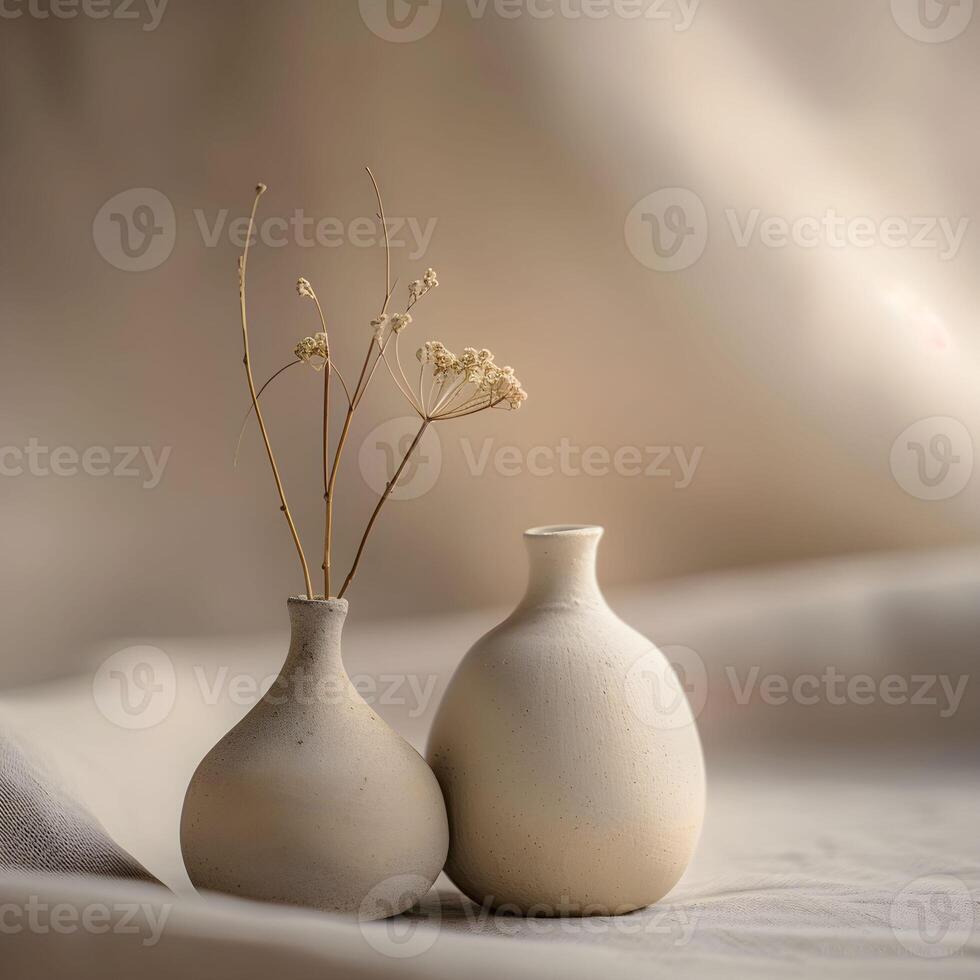 Two white vases with dried flowers sitting on a table photo