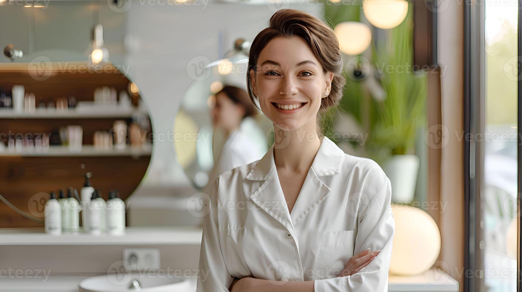 A woman in a white shirt is standing in front of a mirror photo