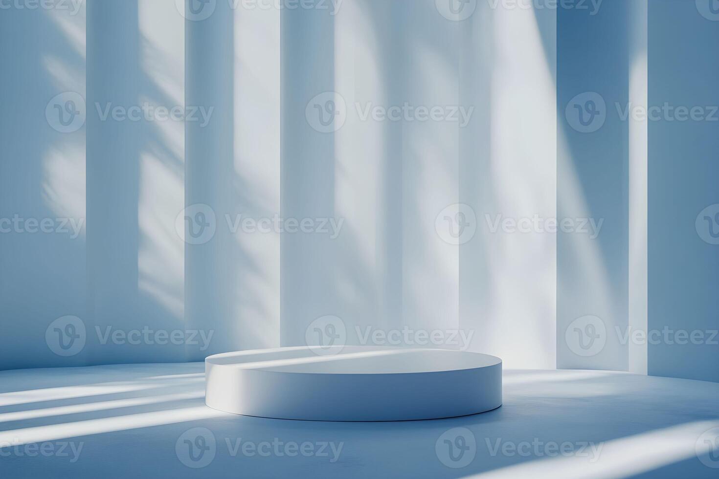 An empty white room with a round table in the middle photo