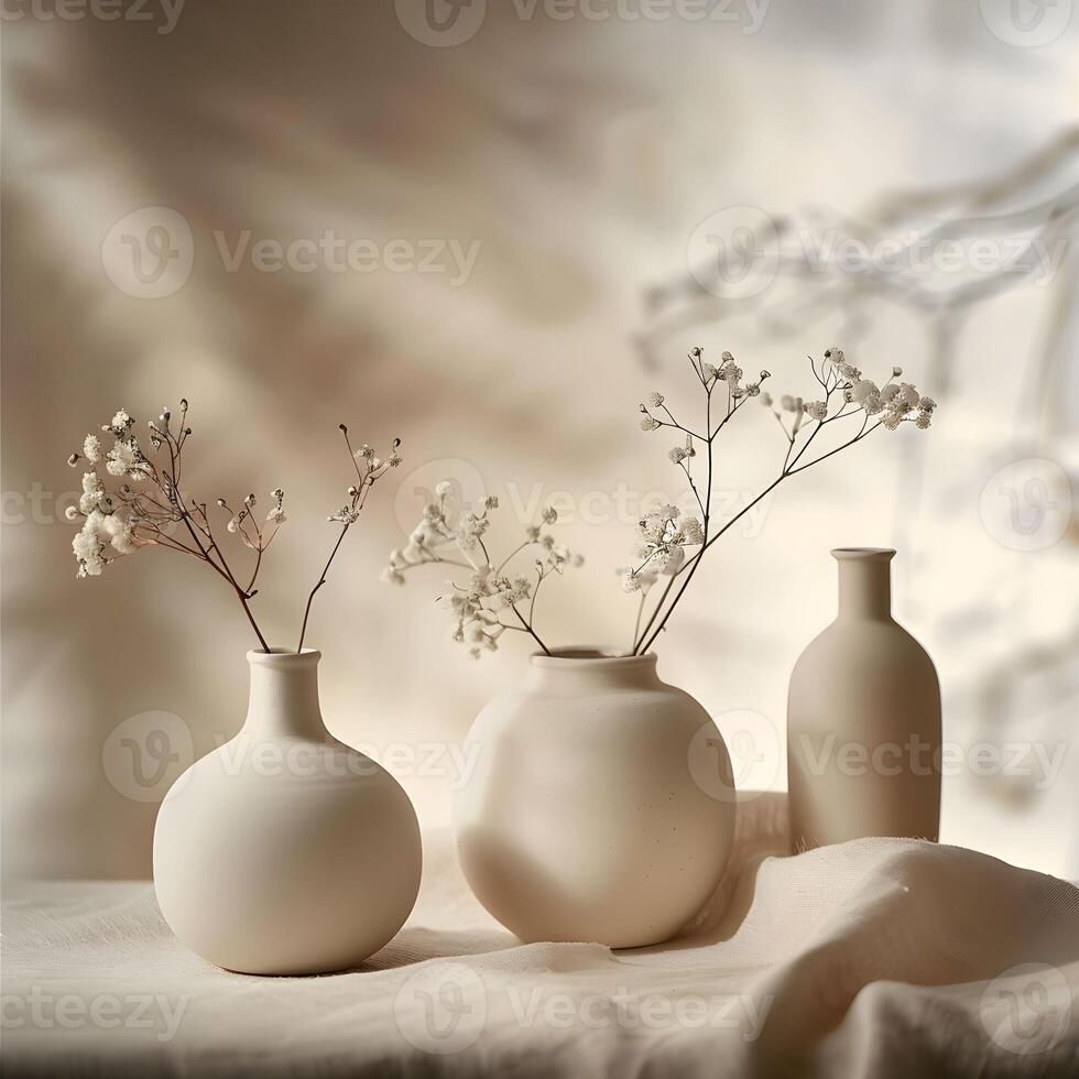 Three white vases with flowers in them photo
