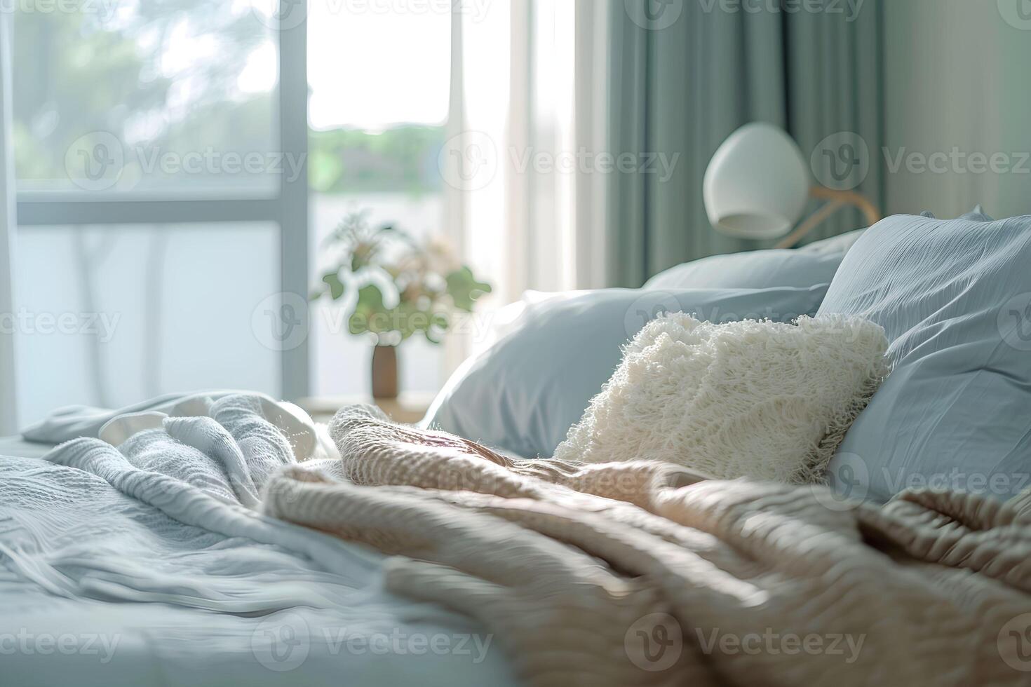 A bed with a blanket and pillows in front of a window photo