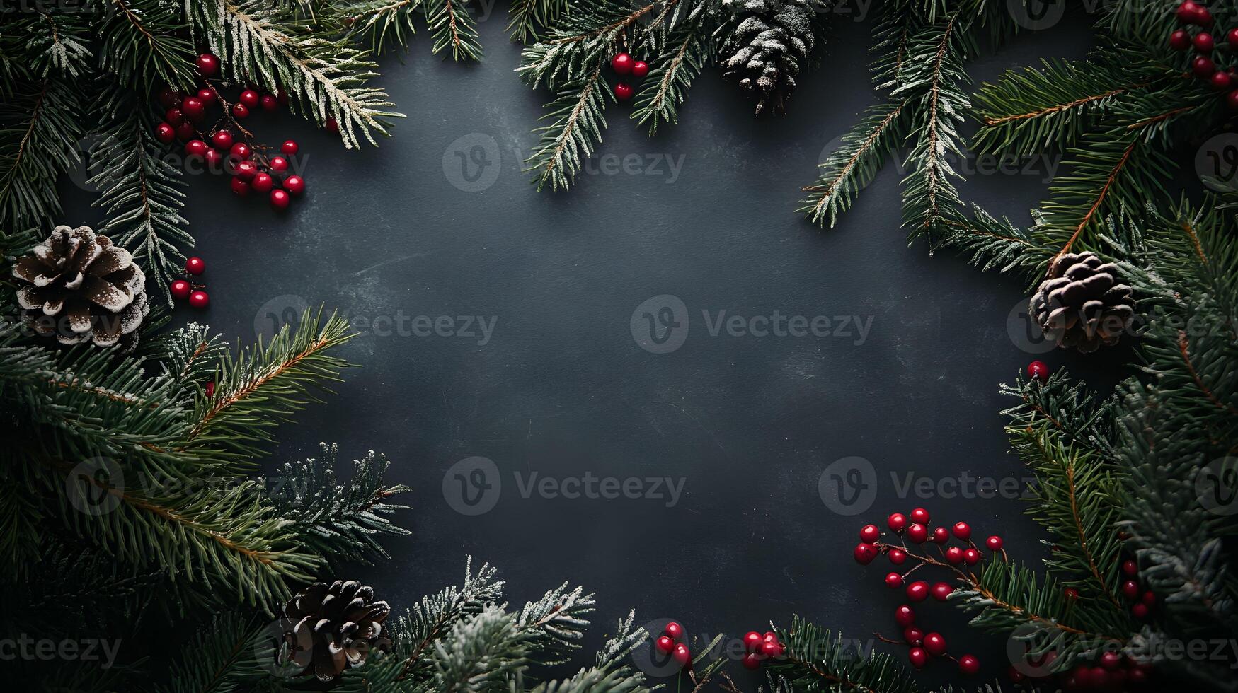 Christmas background with fir branches and berries on a blackboard photo