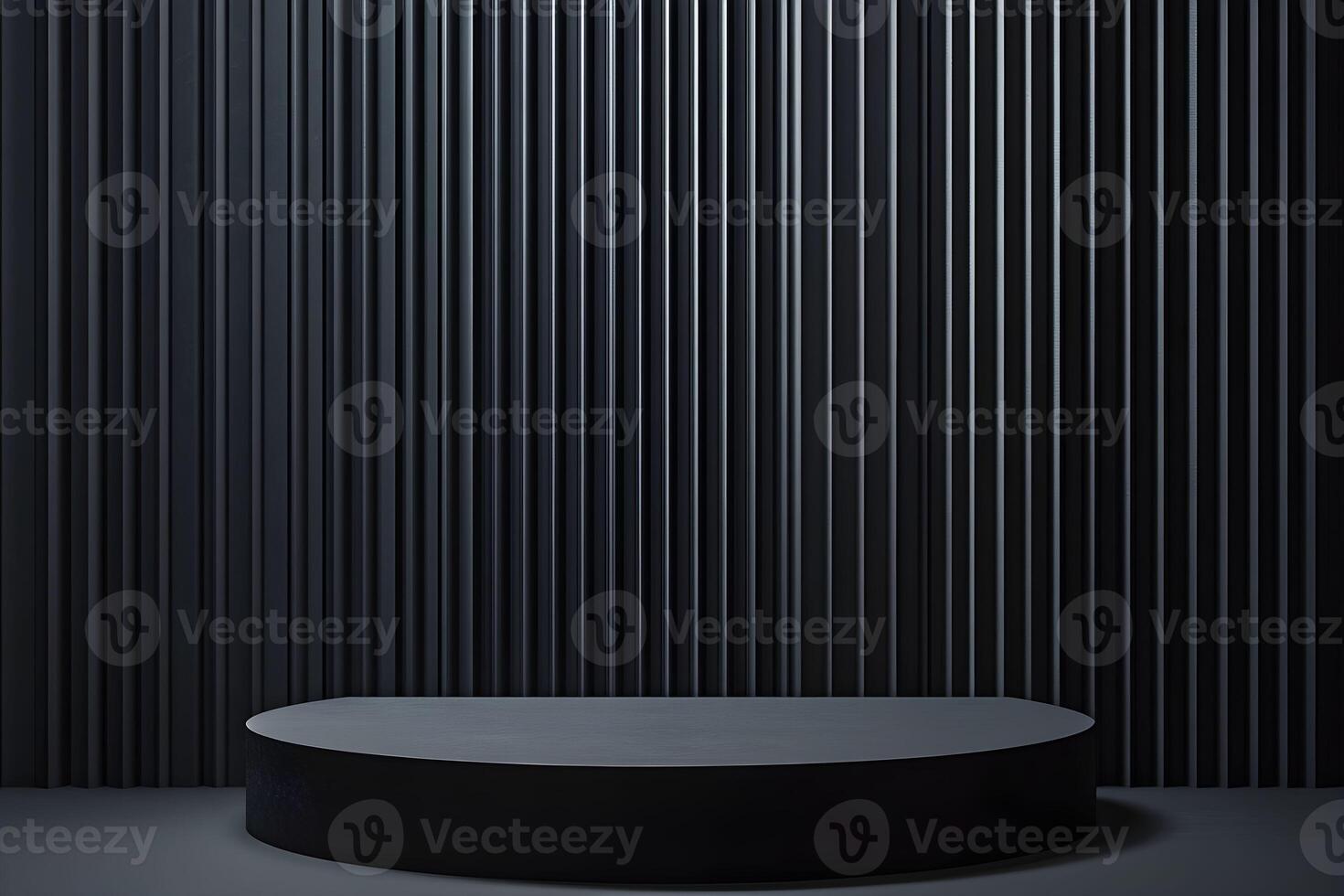 Black background with a round table and black wall photo