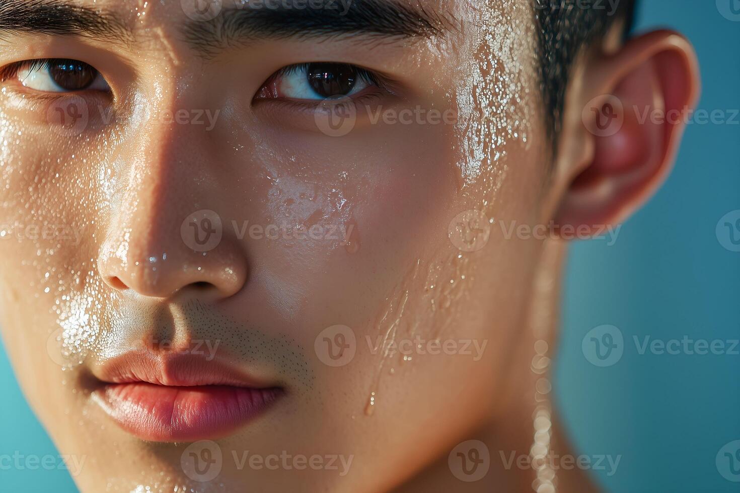 A man with wet hair and a wet face photo