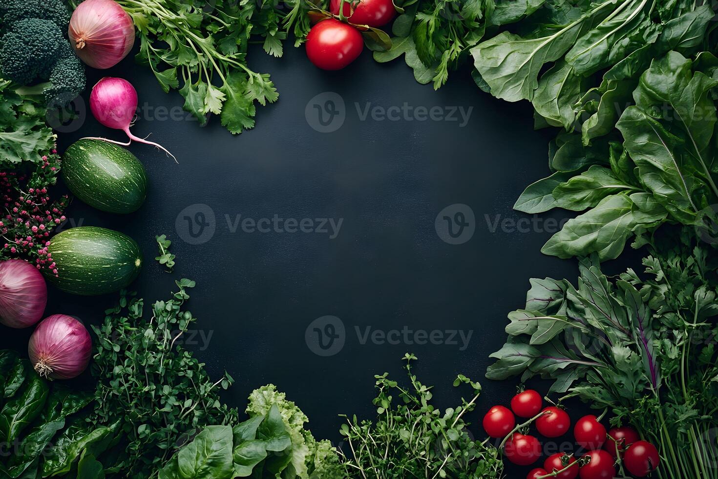 Fresh vegetables arranged in a circle on a black background photo