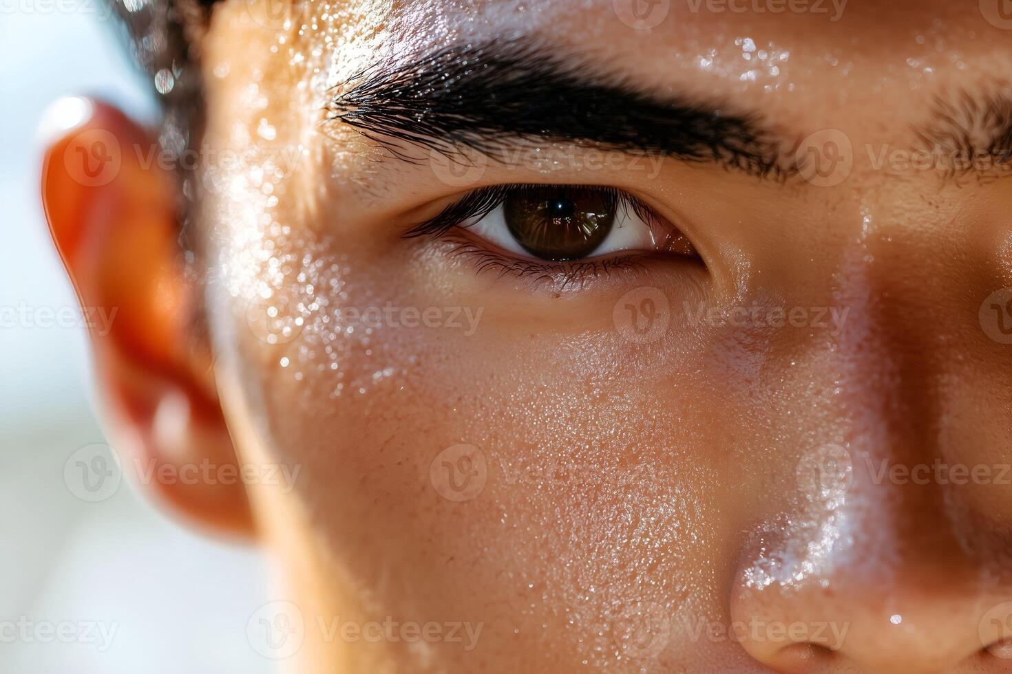A close up of a man's face with water on his eyes photo