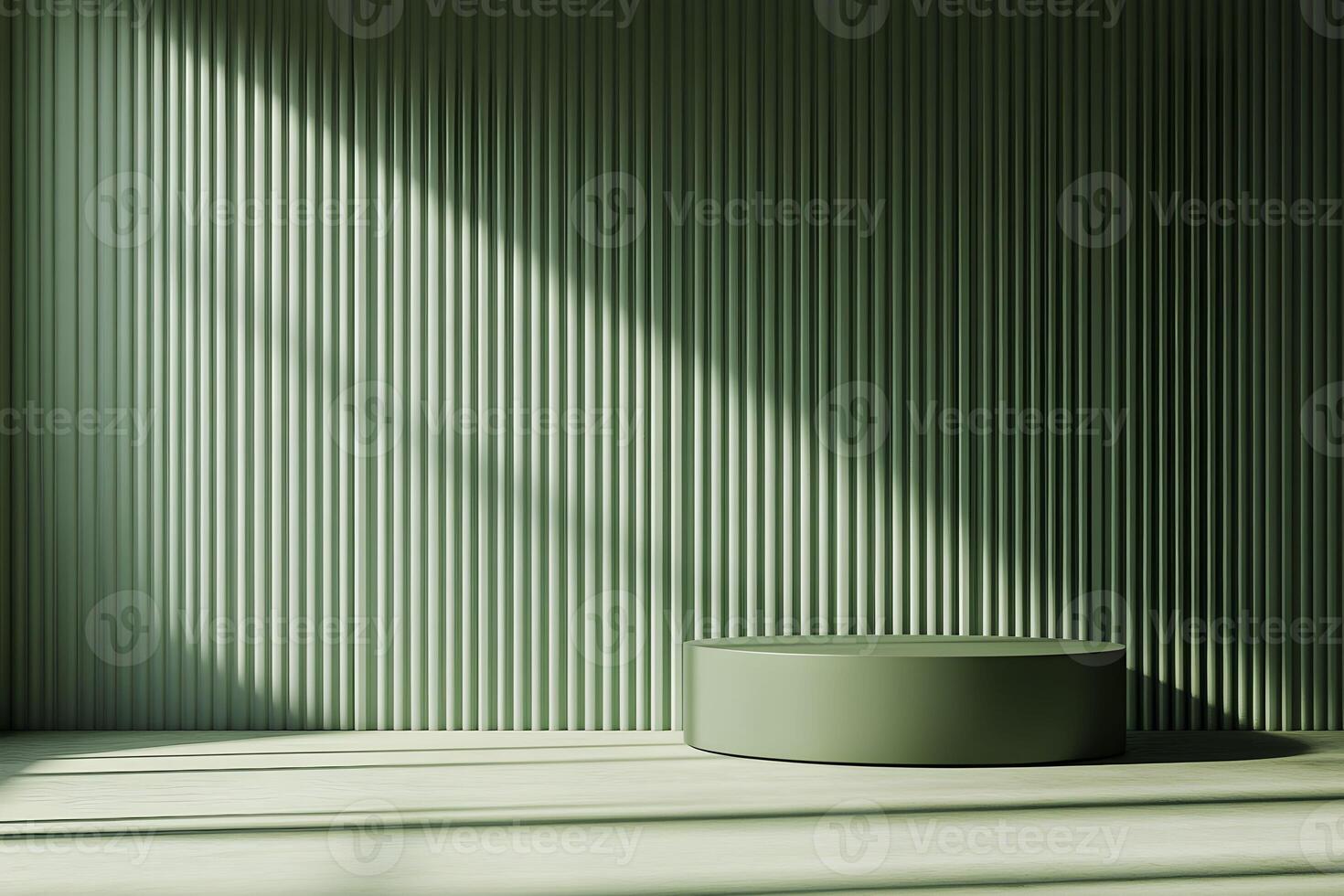 A green room with a table and a wall photo