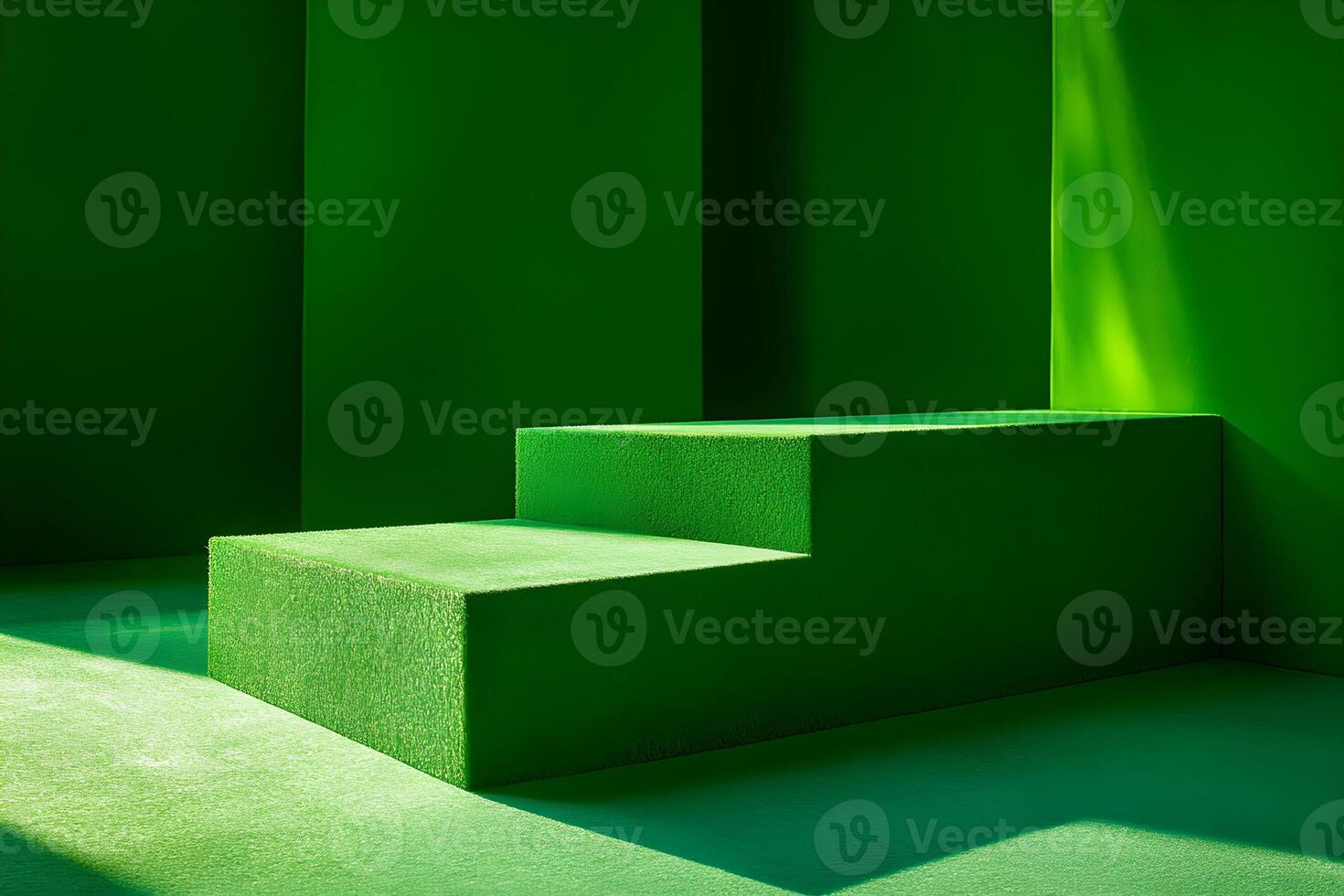A green room with a staircase and a green wall photo