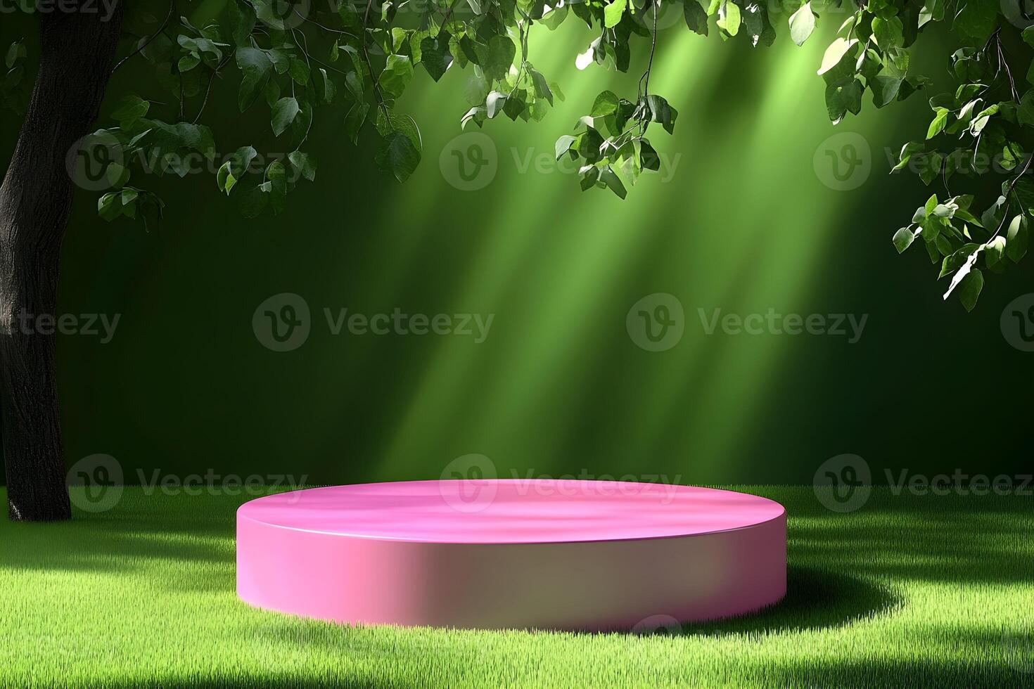 A pink round table in the middle of a green field photo