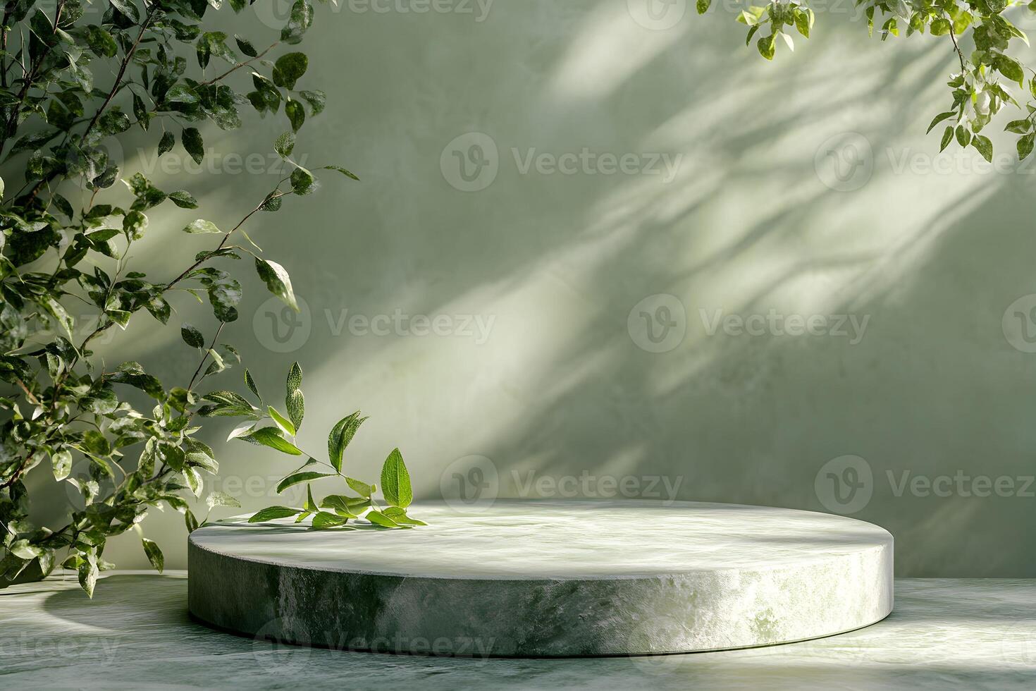 A green plant sits on a round table in front of a wall photo