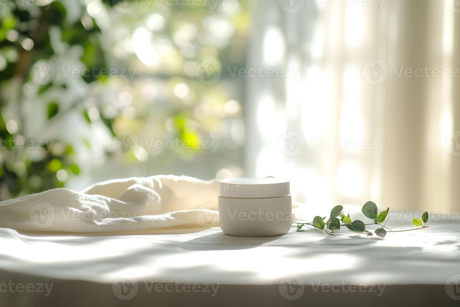 A white jar of cream sits on a table next to a plant photo