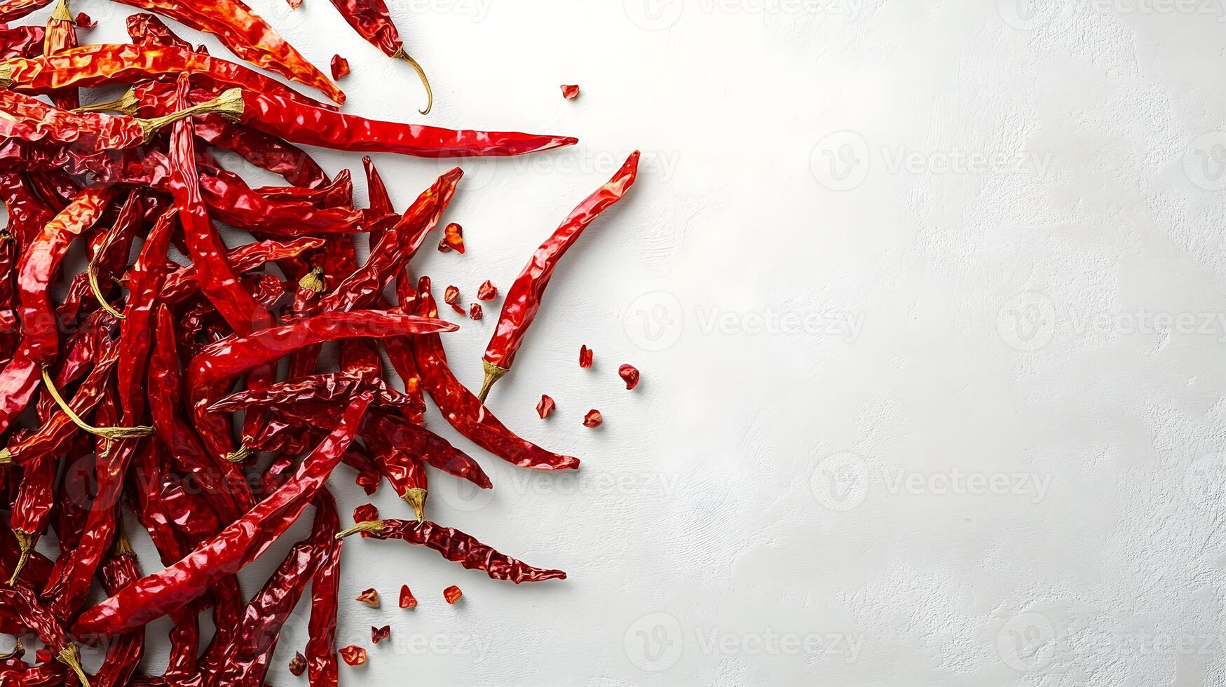 A pile of red chili peppers on a white surface photo