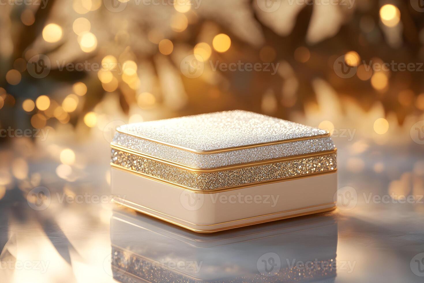 A gold box with a white lid sitting on a table photo