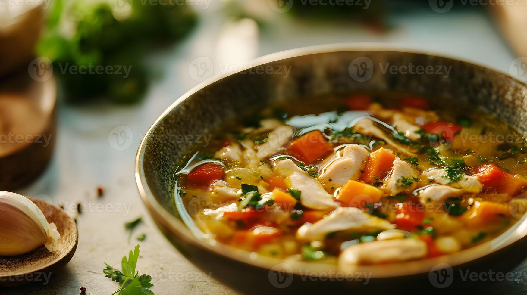 A bowl of chicken and vegetable soup with a spoon photo