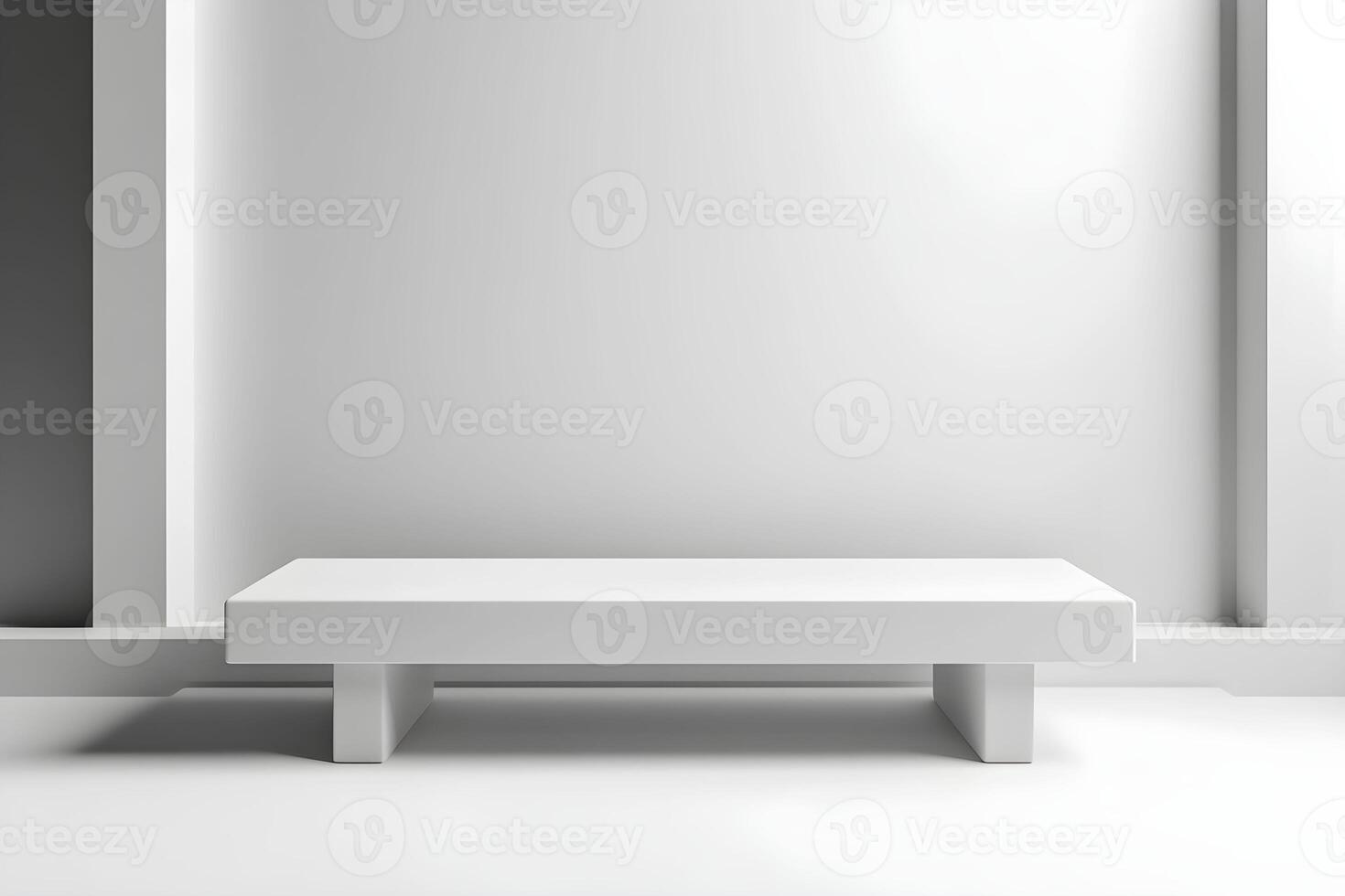 White bench in empty room with white wall photo