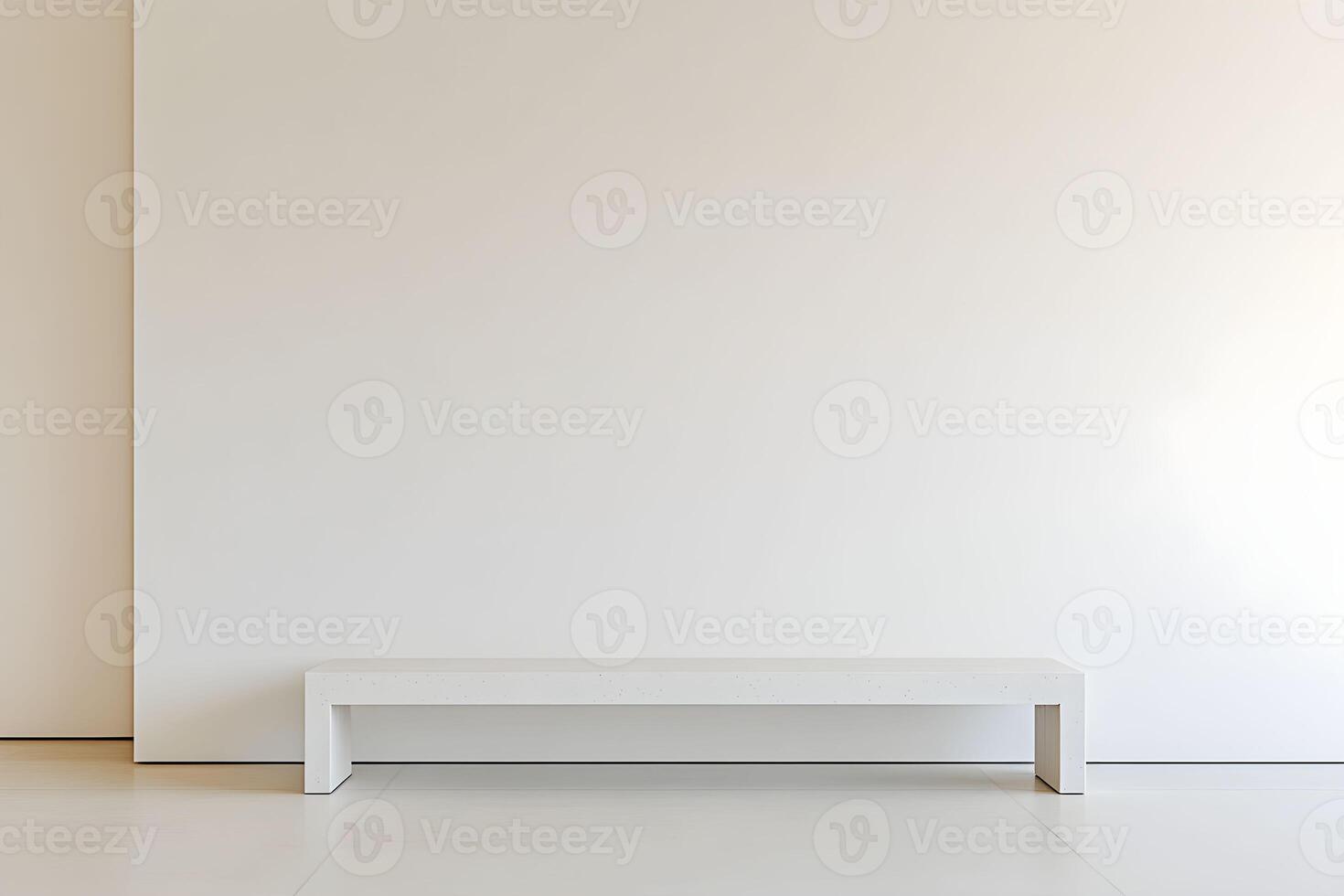 A white bench in front of a wall photo
