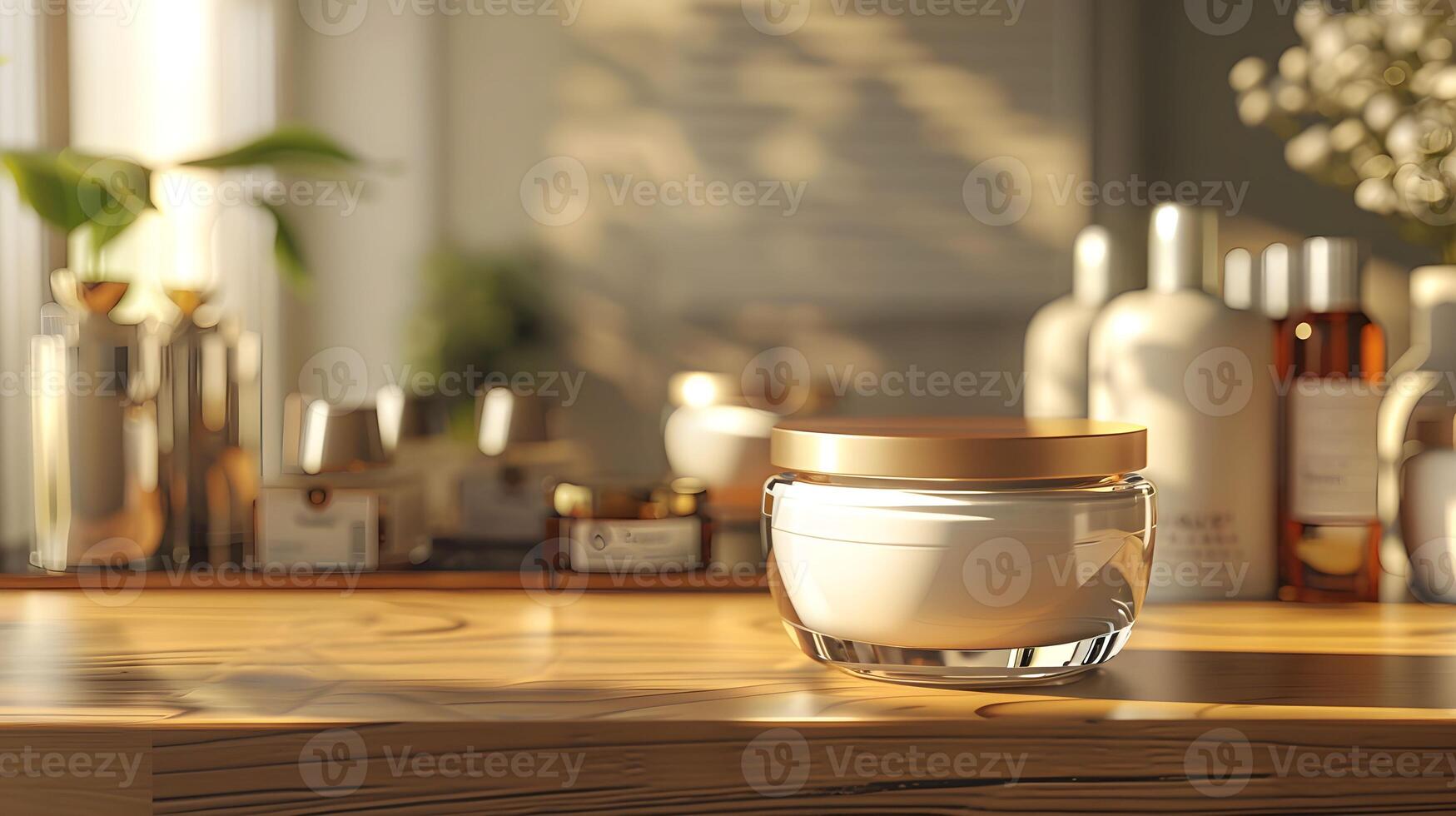 A jar of cream sitting on a table in front of a window photo