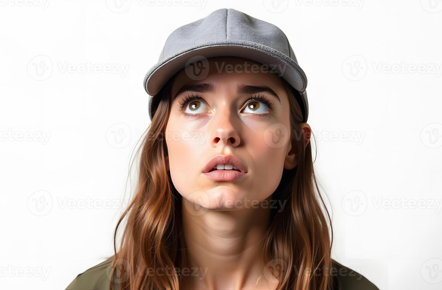 Young woman in grey cap looking up photo
