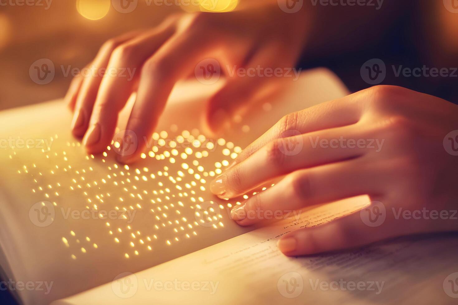 Hands Reading Braille Book in Warm Light photo