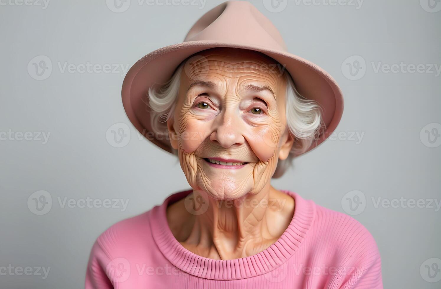 Elderly woman in pink smiling warmly photo