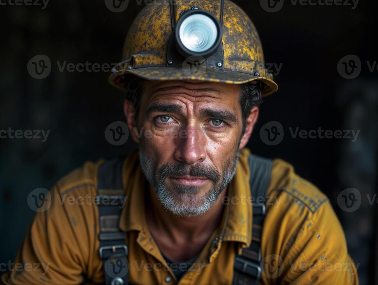 Miner showing determination and resilience in underground work environment during twilight hours photo