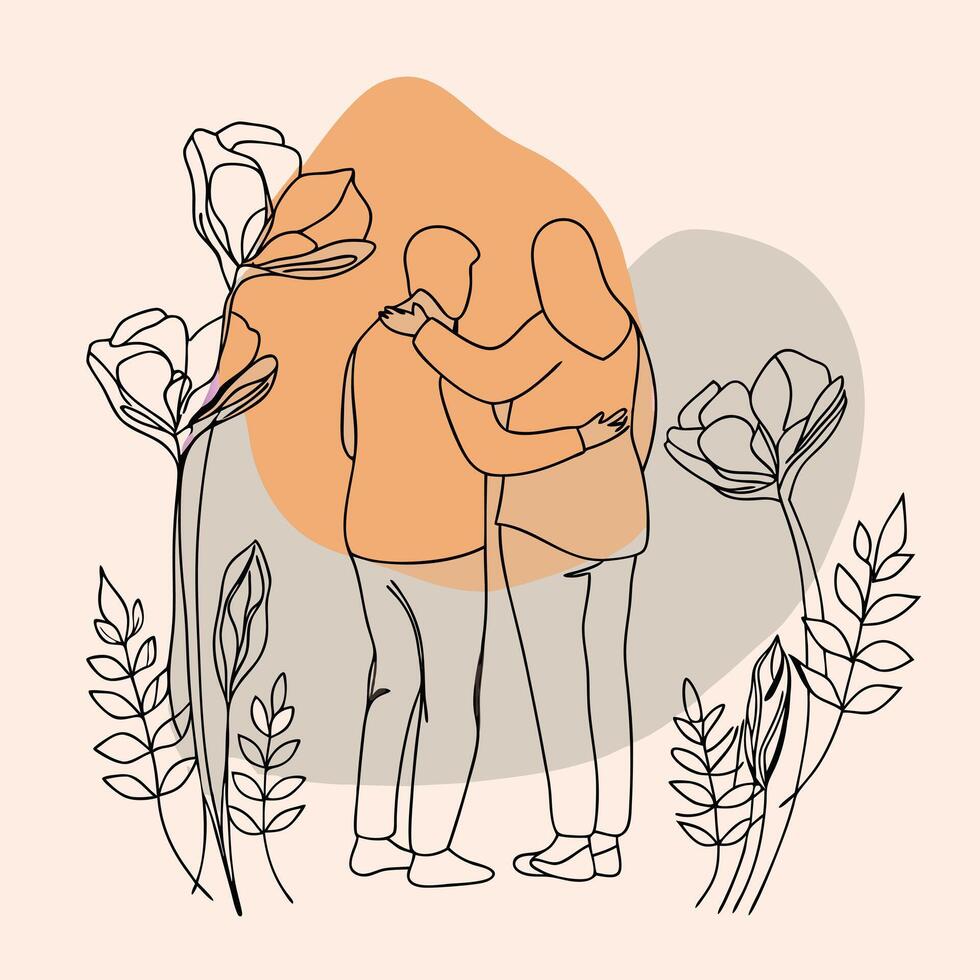 Couple hugging in the garden, line art vector