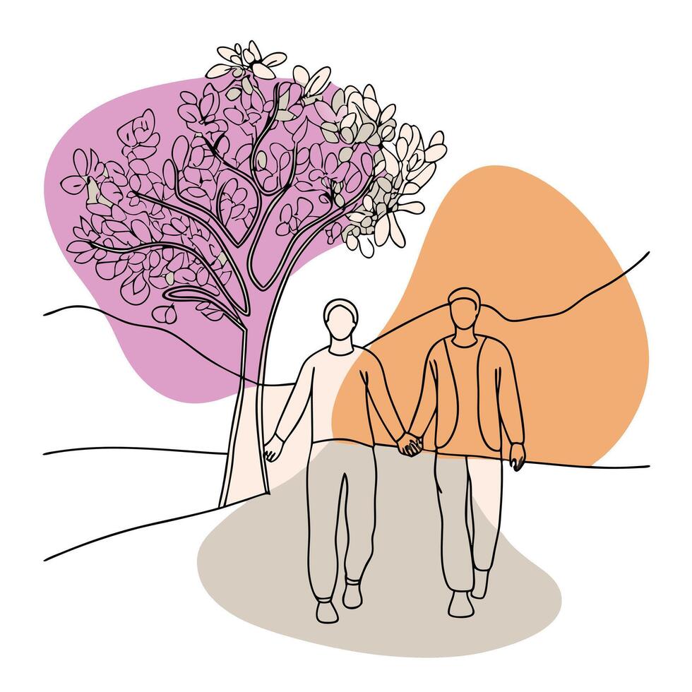Two people walking under a tree with a purple and orange background vector
