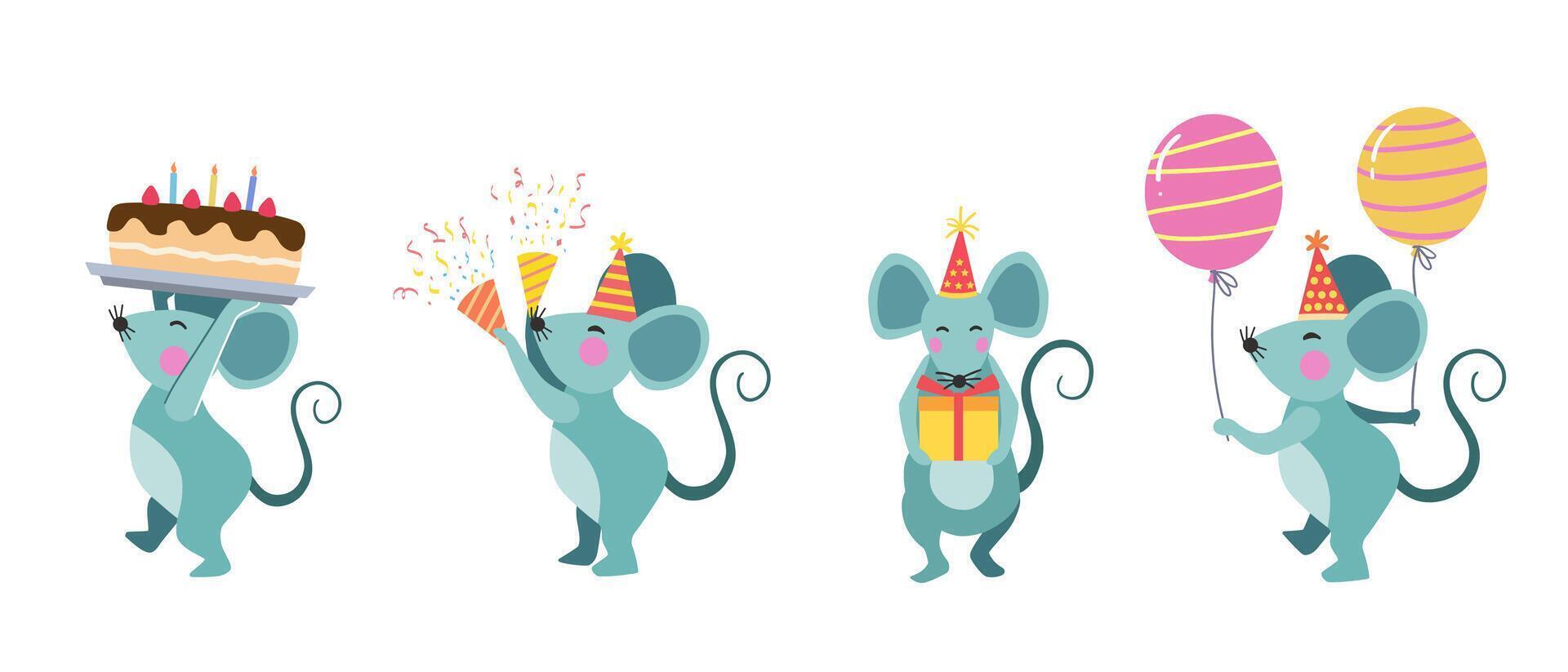 Happy birthday collection with mouse cartoon character. Birthday illustration for greeting card, invitation, event, poster, sticker, prints. vector