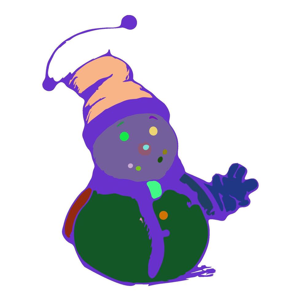 A snowman is wearing a hat. The hat is orange and purple. There are green dots on the snowman's face. There is a green circle around the eyes. The glove is black. vector