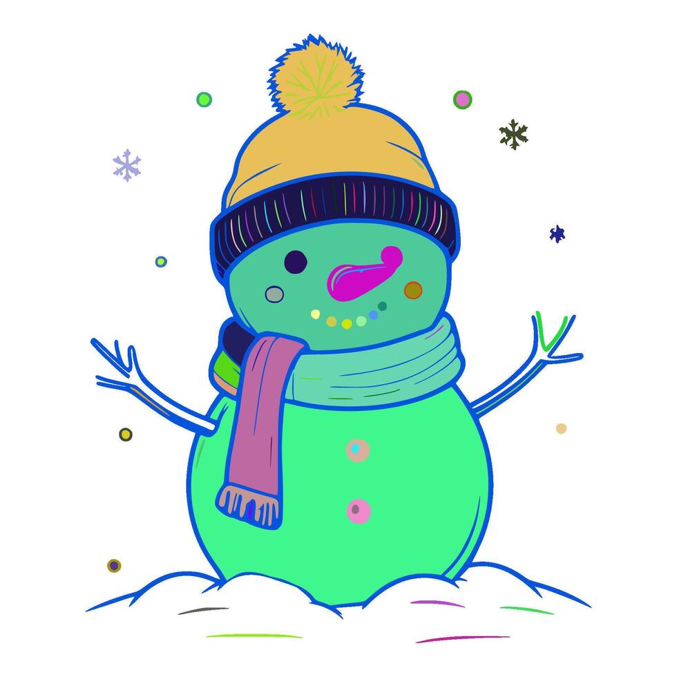 Snowman is wearing a hat and scarf. The hat is yellow with a black stripe. The scarf is purple. There are snowflakes falling from the sky around the snowman's head. vector