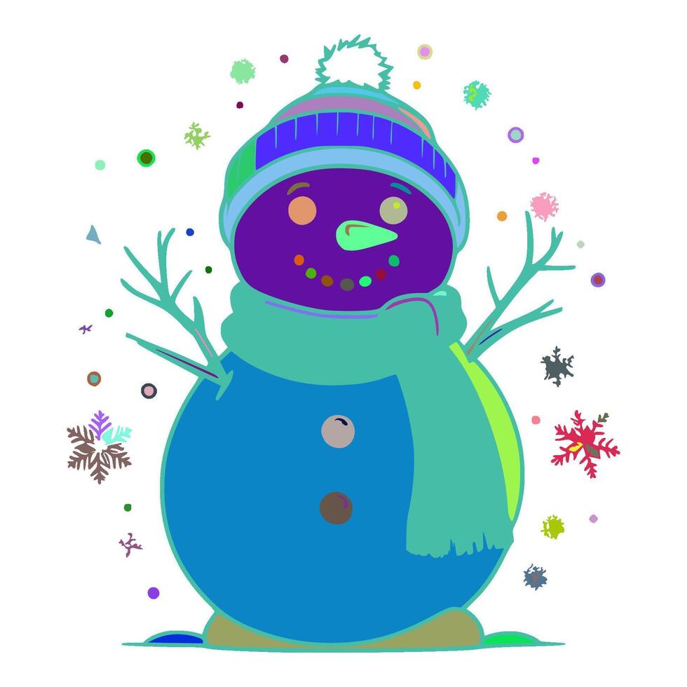 Snowman is wearing a blue and green hat with a pom-pom on the top of it. He has a blue coat with a green scarf around his neck. There are snowflakes falling from the sky around him. vector