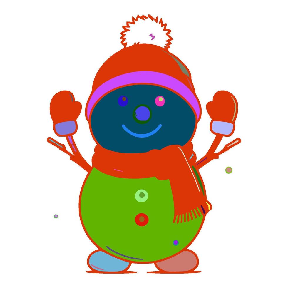 Snowman has a big smile on his face. He is wearing a red hat and a red scarf. He also has two snow molds in his hands. The molds are red and blue. There are three circles on the snowman's stomach. vector