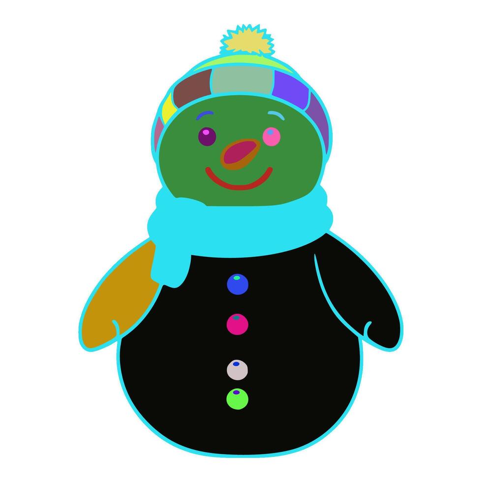 Snowman has a green face with pink eyes and a pink nose. He has a blue scarf around his neck. He is wearing a black dress with three buttons on it. The buttons are purple and green. vector
