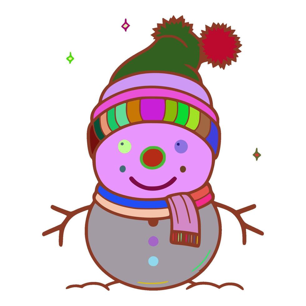 The hat on the snowman has a yellow and red stripe on it. There are three green balls on the coat. The snowman is wearing a blue coat with a green scarf around his neck. The scarf is brown and orange. vector