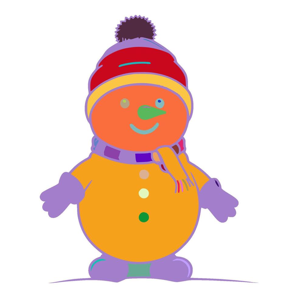 Snowman is wearing a red hat. The hat has a yellow stripe going down the middle of it. There is a yellow scarf around the neck of the snowman's neck. vector