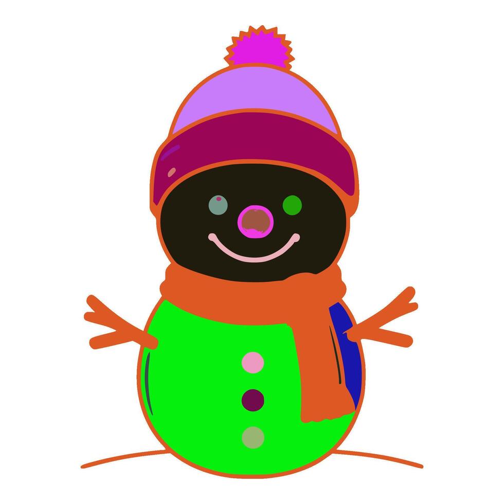 An snowman has a big smile on his face. He is wearing a purple hat with a pink pom-pom on the top. He has an orange scarf around his neck. He also has a green bottom with three dots on it. vector