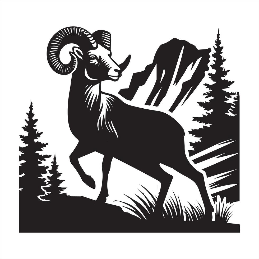 Silhouette of Bighorn Sheep Walking in the Wilderness vector