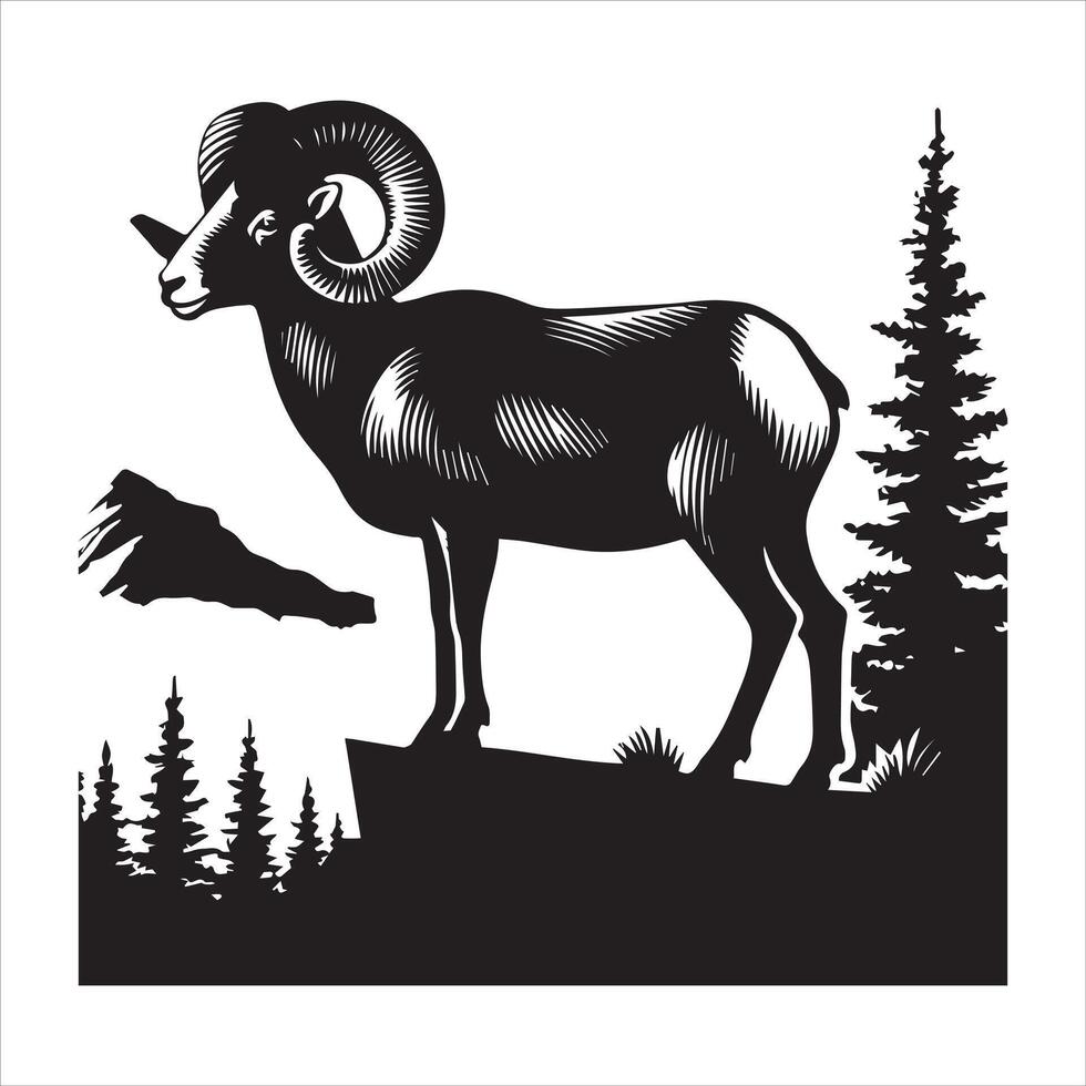 Wild Bighorn Sheep Silhouette Illustration on Mountain Ridge vector