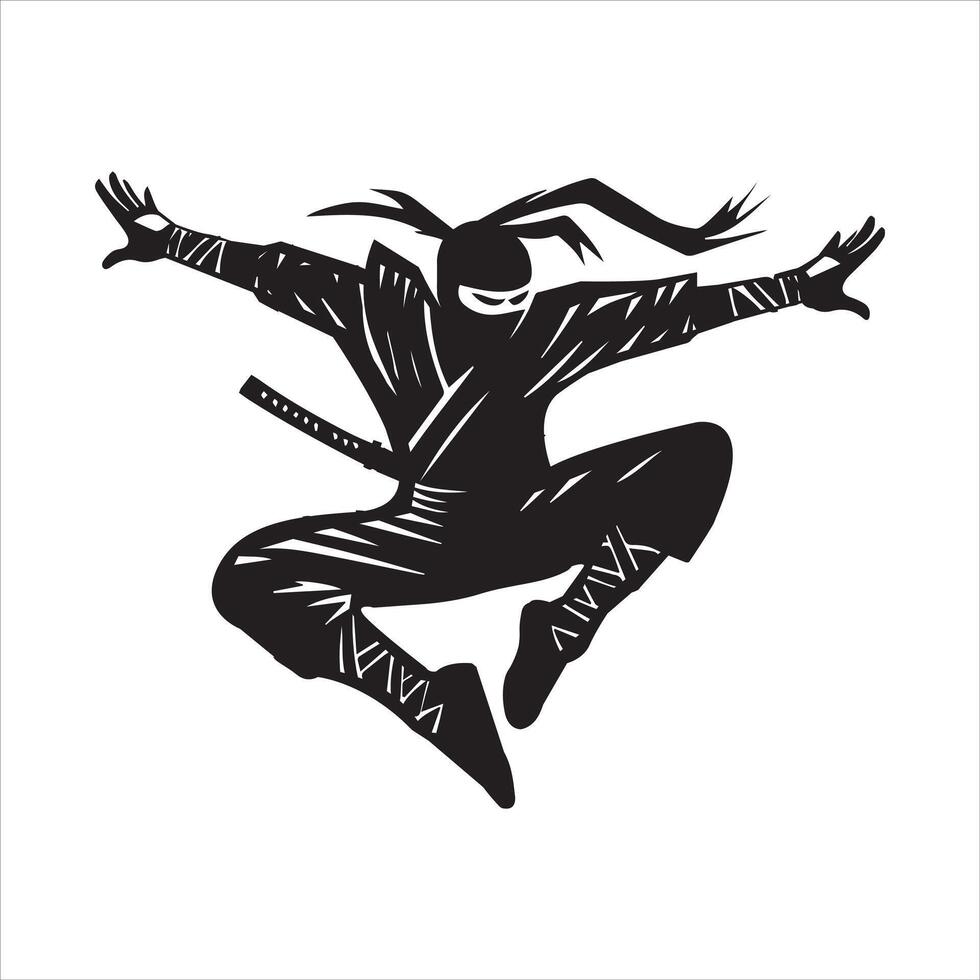 Ninja Warrior Silhouette Clipart in Mid-Action Pose vector