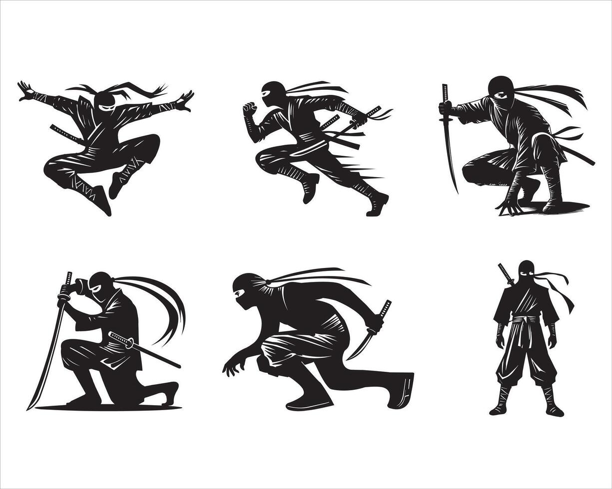 Set of Ninja Warrior Silhouette illustration vector